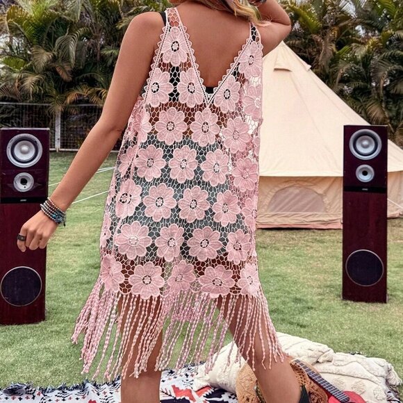 Pink Boho Women's Hollow Flower Tassel Decor V-Neck Sleeveless Tunic top - Picture 2 of 4